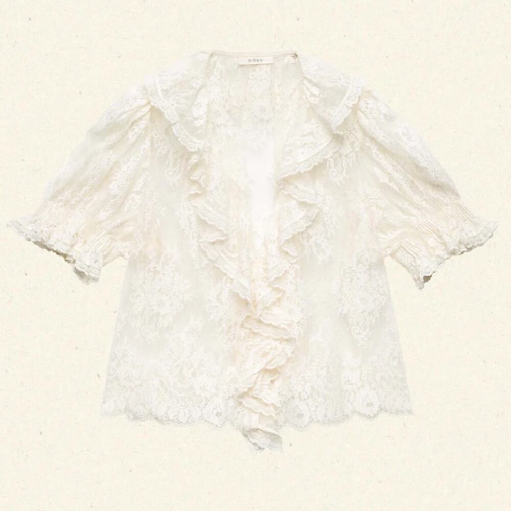 Doen Henri Lace Ruffle Sheer Puff Shoulder Blouse Top Sea Salt Cream Ivory - Picture 14 of 14